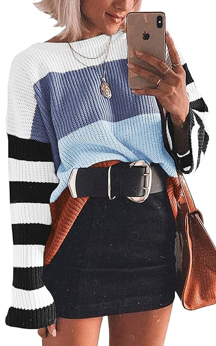 cordat Womens Casual Crew Neck Color Block Oversized Lightweight Sweater Long Sleeve Knit Pullove... | Amazon (US)