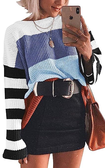 cordat Womens Casual Crew Neck Color Block Oversized Lightweight Sweater Long Sleeve Knit Pullove... | Amazon (US)