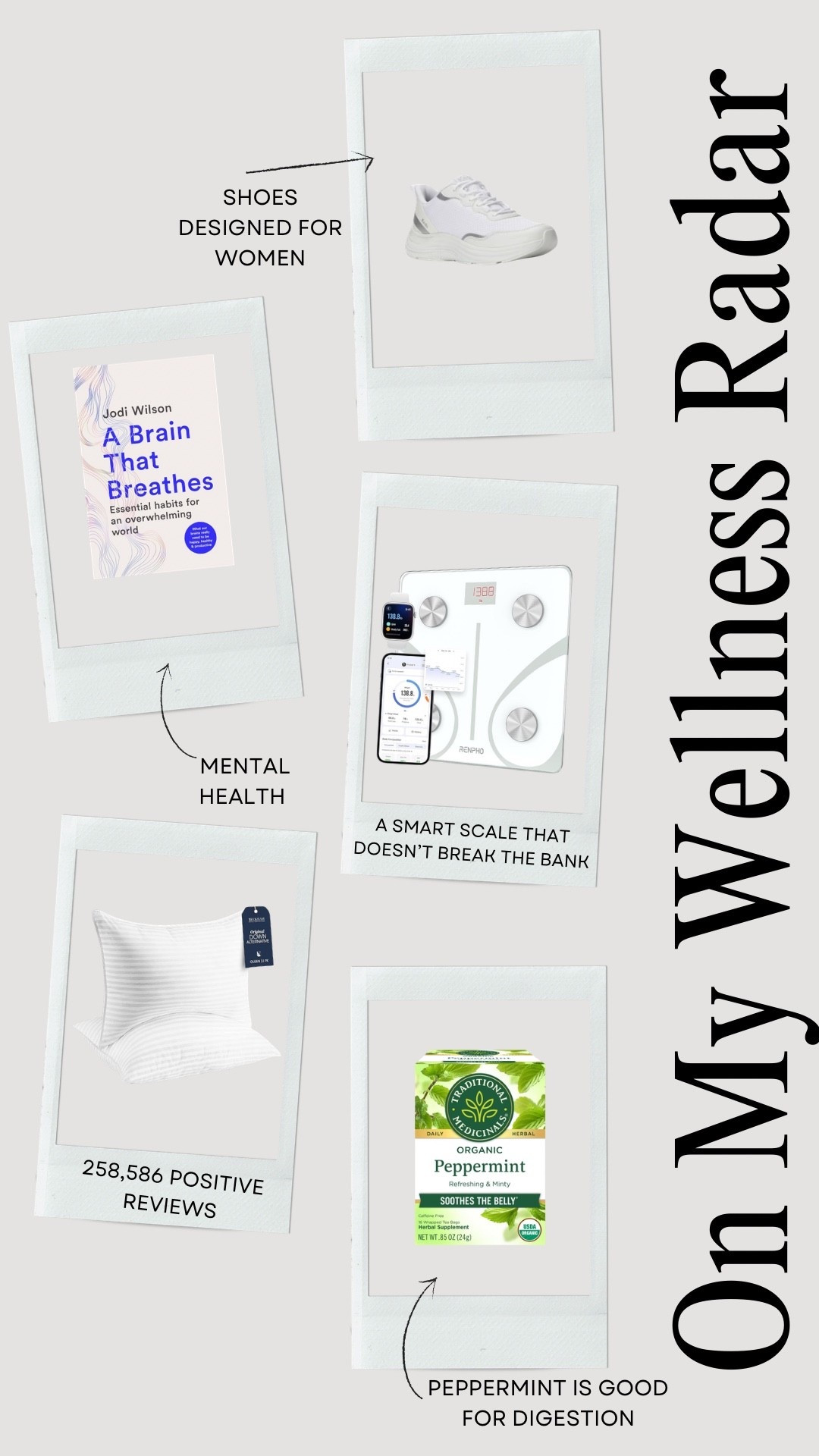 A few wellness products that are on my radar. Including walking shoes made to fit women and help with plantar fasciitis, a book to help with mental health, a smart scale that doesn’t break the bank, highly rated pillows, and peppermint tea to aid digestion.

#LTKselfcare #LTKfitnessgoals #LTKActive