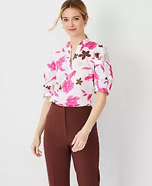 Floral Pintucked Puff Sleeve Popover | Ann Taylor (US)