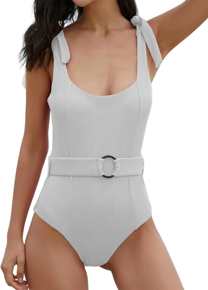 Women's One Piece Swimsuits Belt Tummy Control Bathing Suits Tie Shoulder Swimwear | Amazon (US)