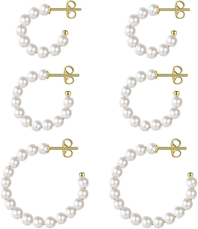 Pearl Hoop Earrings for Women Girls,14K Gold Plated Beaded Pearl Earrings Lightweight White Pearl... | Amazon (US)