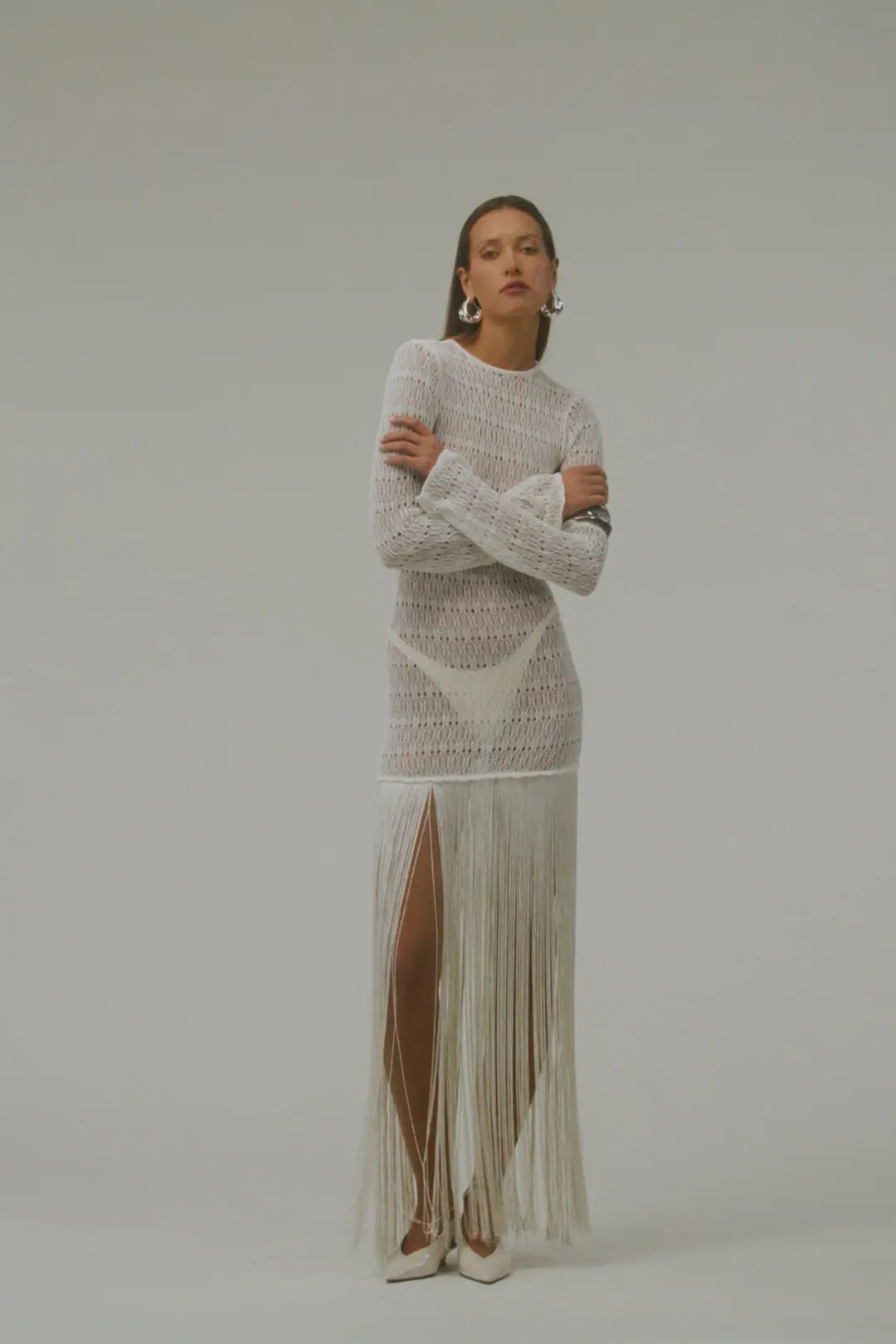 Long Sleeve Fringe Knit Maxi Dress (Cream) | SAME