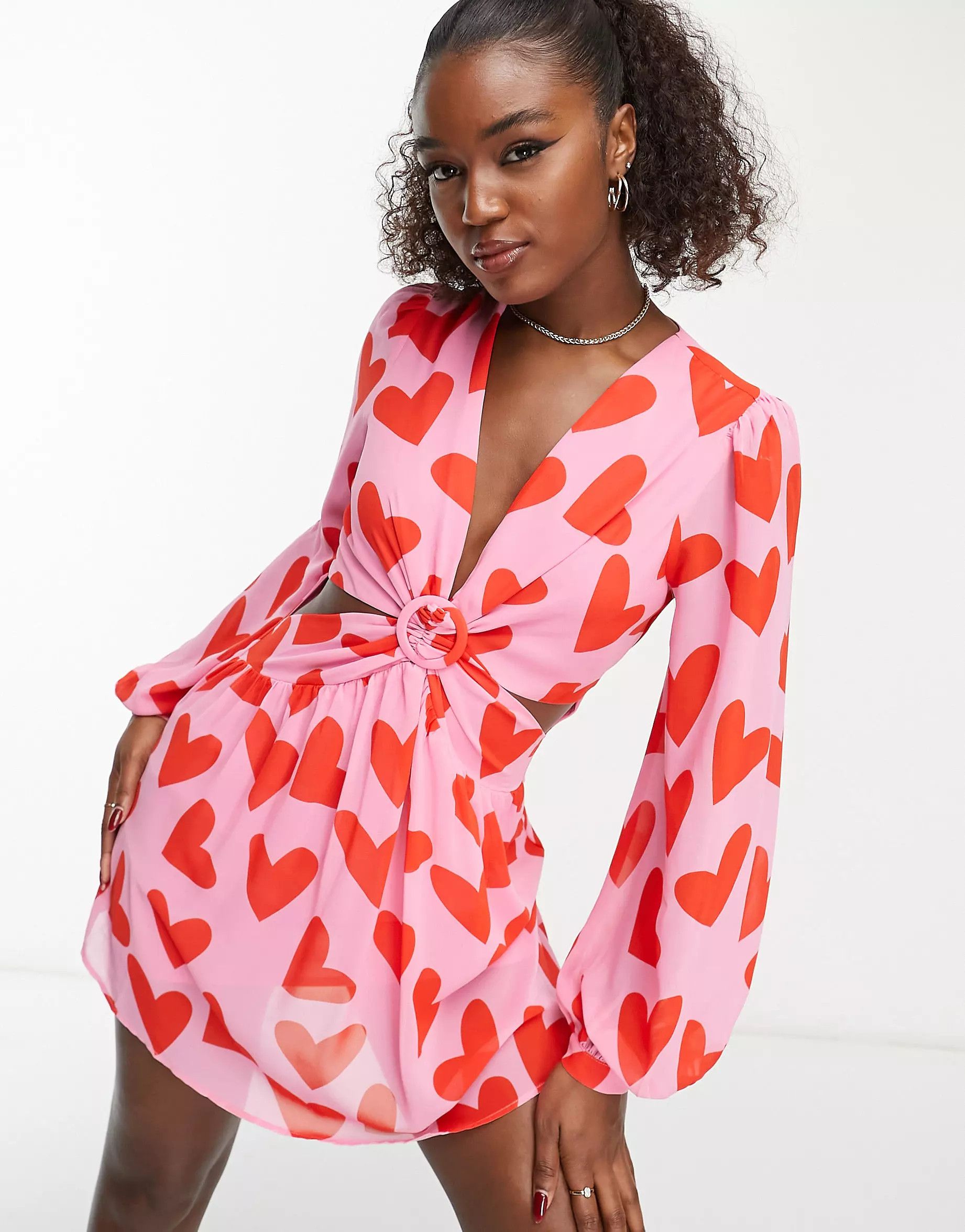Style Cheat balloon sleeve mini dress in red and pink heart | ASOS (Global)