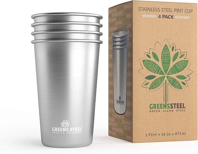 #1 Premium Stainless Steel Cups 16 oz Pint Cup Tumbler (4 Pack) By Greens Steel - Premium Metal C... | Amazon (US)