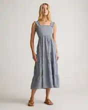 100% European Linen Smocked Midi Dress in Chambray Stripe | Quince