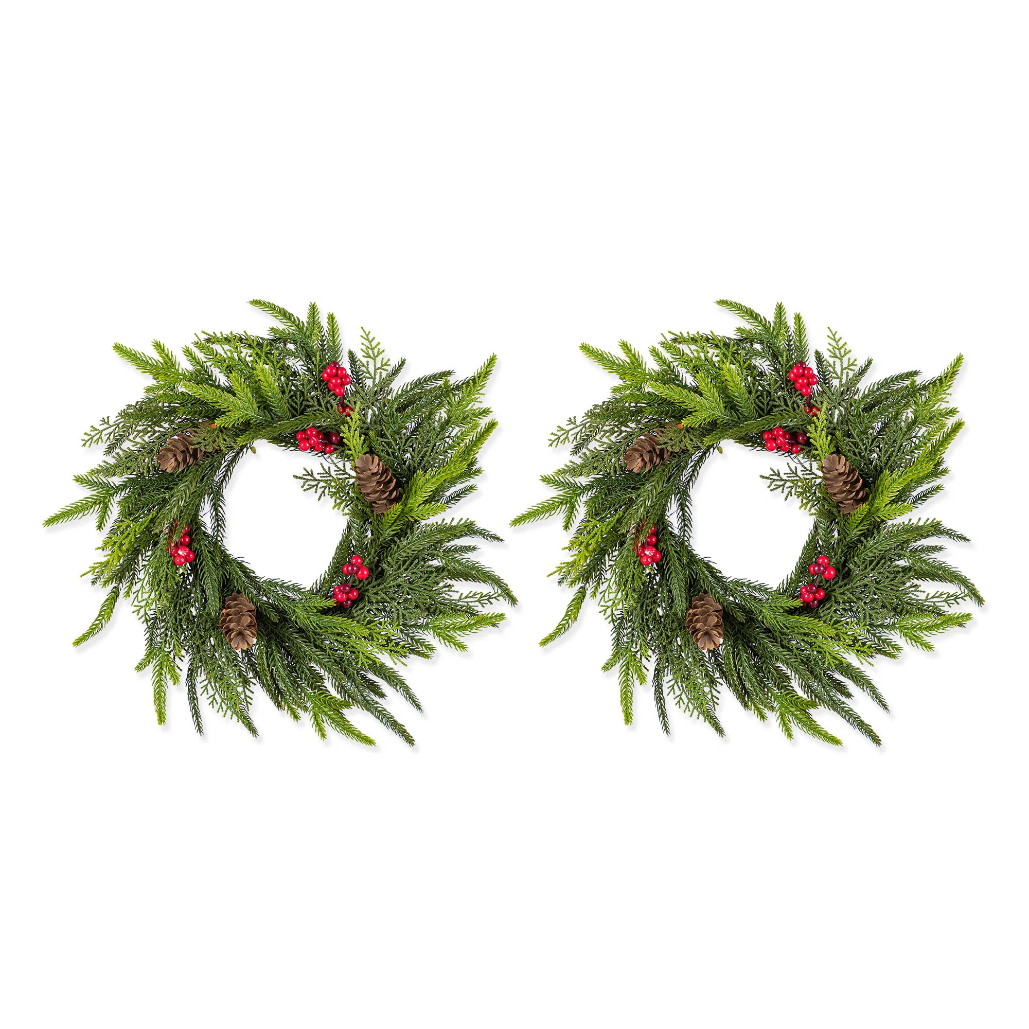 14"D Christmas Mini PE Dripping Wreath With Pinecones And Red Berries (Set of 2) | Wayfair North America