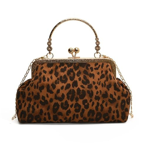Small Leopard Suede Evening Clutch Purse with Chain Cheetah Print Kiss Lock Evening Tote Handbag and Purse Clutch Bag (Brown) | Amazon (US)