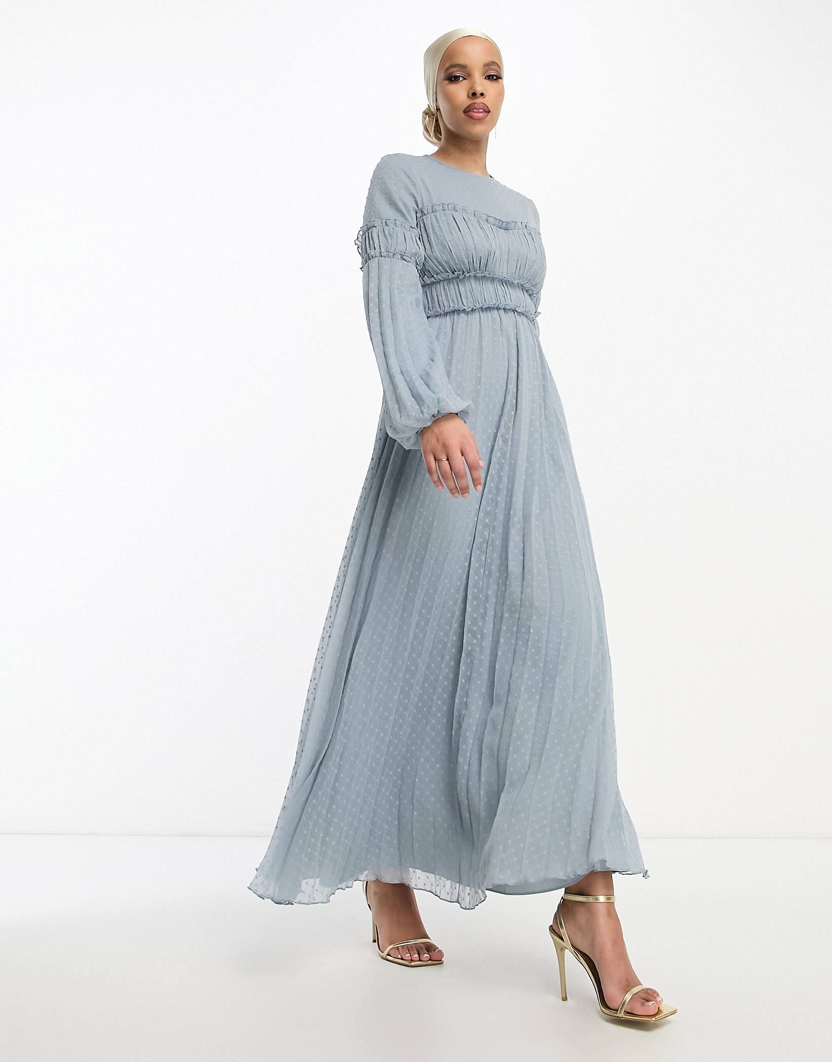 ASOS DESIGN dobby chiffon pleat maxi dress with frill seam detail in pale blue | ASOS (Global)