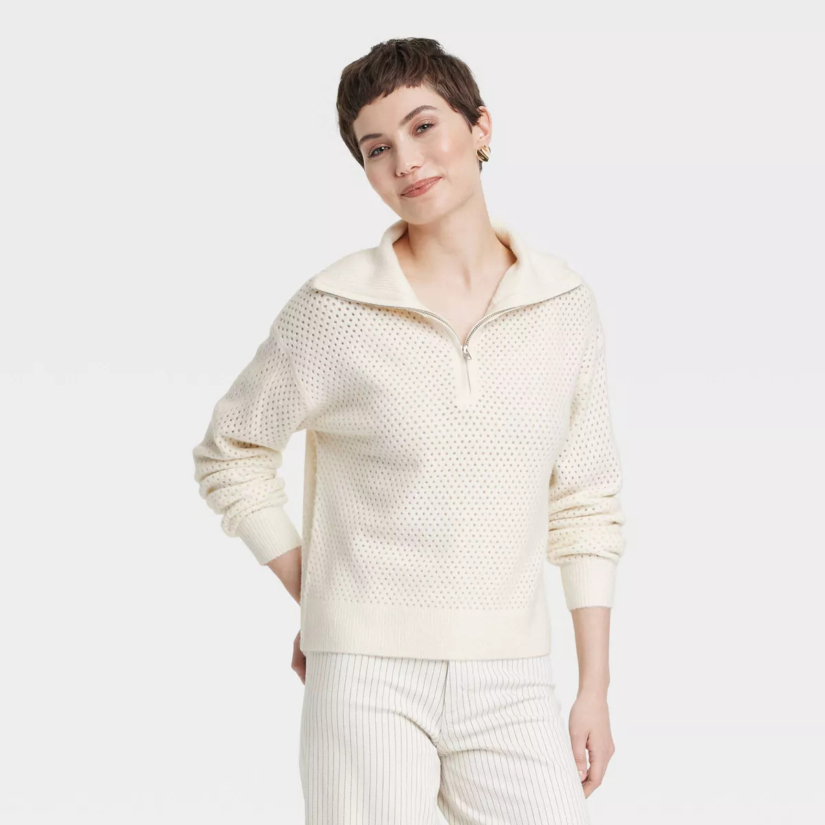 Women's Quarter Zip Collared Pullover Sweater - Universal Thread™ Cream XS | Target