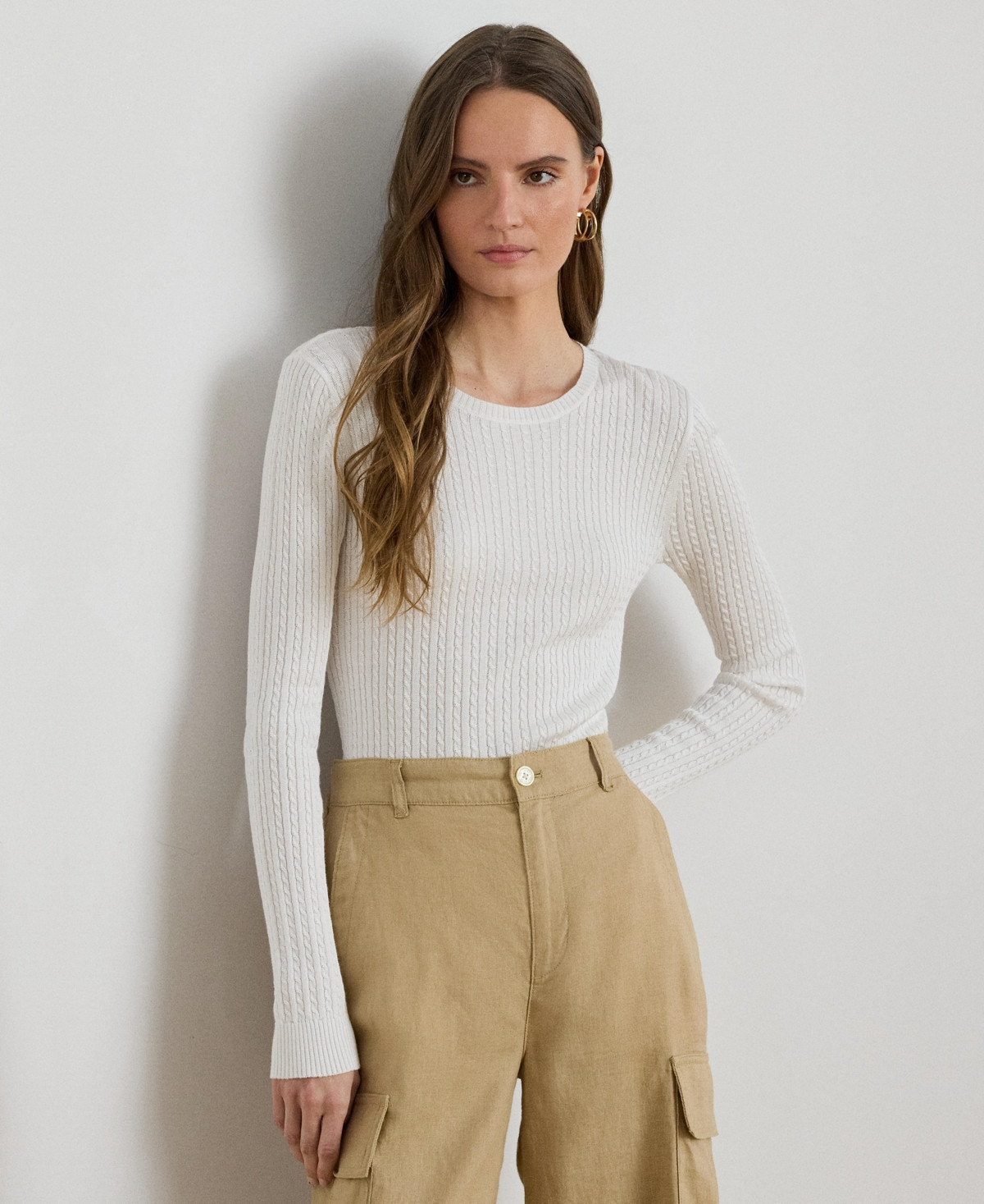 Lauren Ralph Lauren Women's Mini-Cable Crewneck Sweater - White | Macy's
