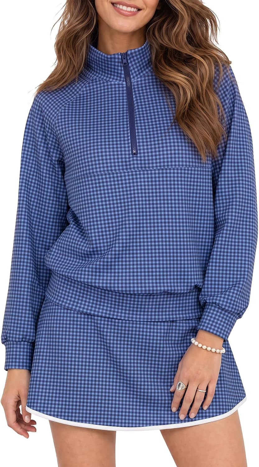 Fisoew Womens 2 Piece Outfits Gingham Half Zip Sweatshirts Mini Skorts Set | Amazon (US)
