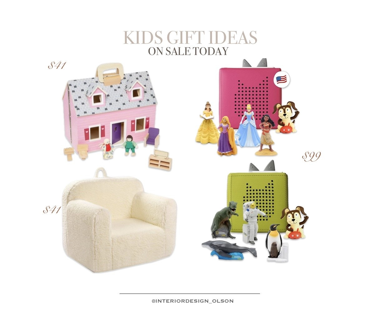 Rounding up a few of my favorite kids’ gift ideas, perfect for birthdays, Christmas, or just because! 🎁

✨ The best part? A few are on sale today!
🏠 Portable dollhouse – $41
🪑 Sherpa chair – $41
🎧 Toniebox audio set – $99

These are always such a hit and sell out fast during the holidays. Tap to shop before they’re gone!

#KidsGiftGuide #ToddlerGifts #PreschoolToys #HolidayGiftIdeas #BudgetFriendlyFinds #GiftGuide2025 #LTKKids #LTKGiftGuide #HouseofOlson #MomLife #TargetFinds #AmazonFinds