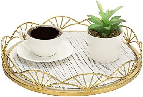 MyGift 12.5 Inch Vintage Whitewashed Wood Round Decorative Serving Tray with Brass Tone Metal Art... | Amazon (US)