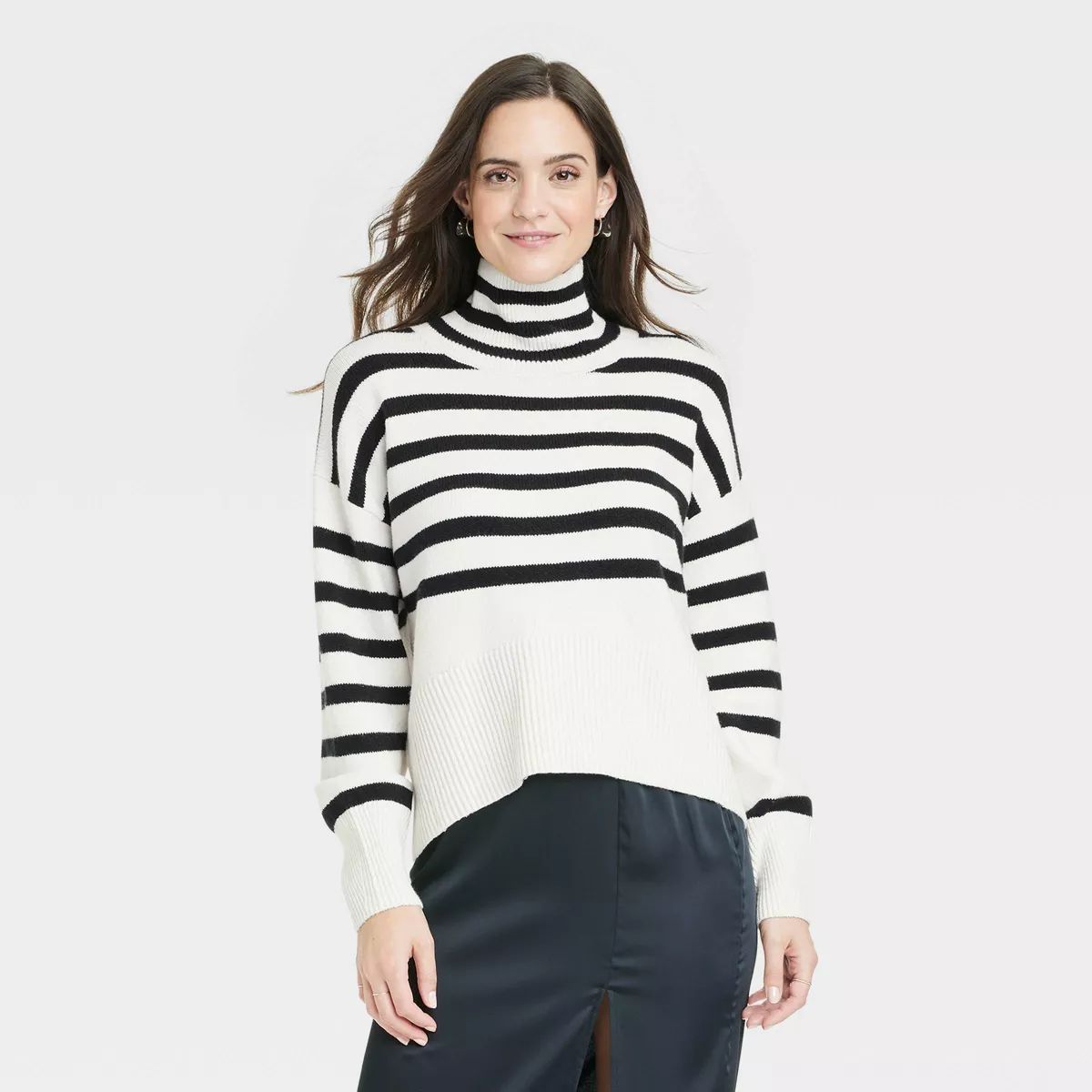 Women's Mock Turtleneck Pullover Sweater - A New Day™ Cream Striped XS | Target