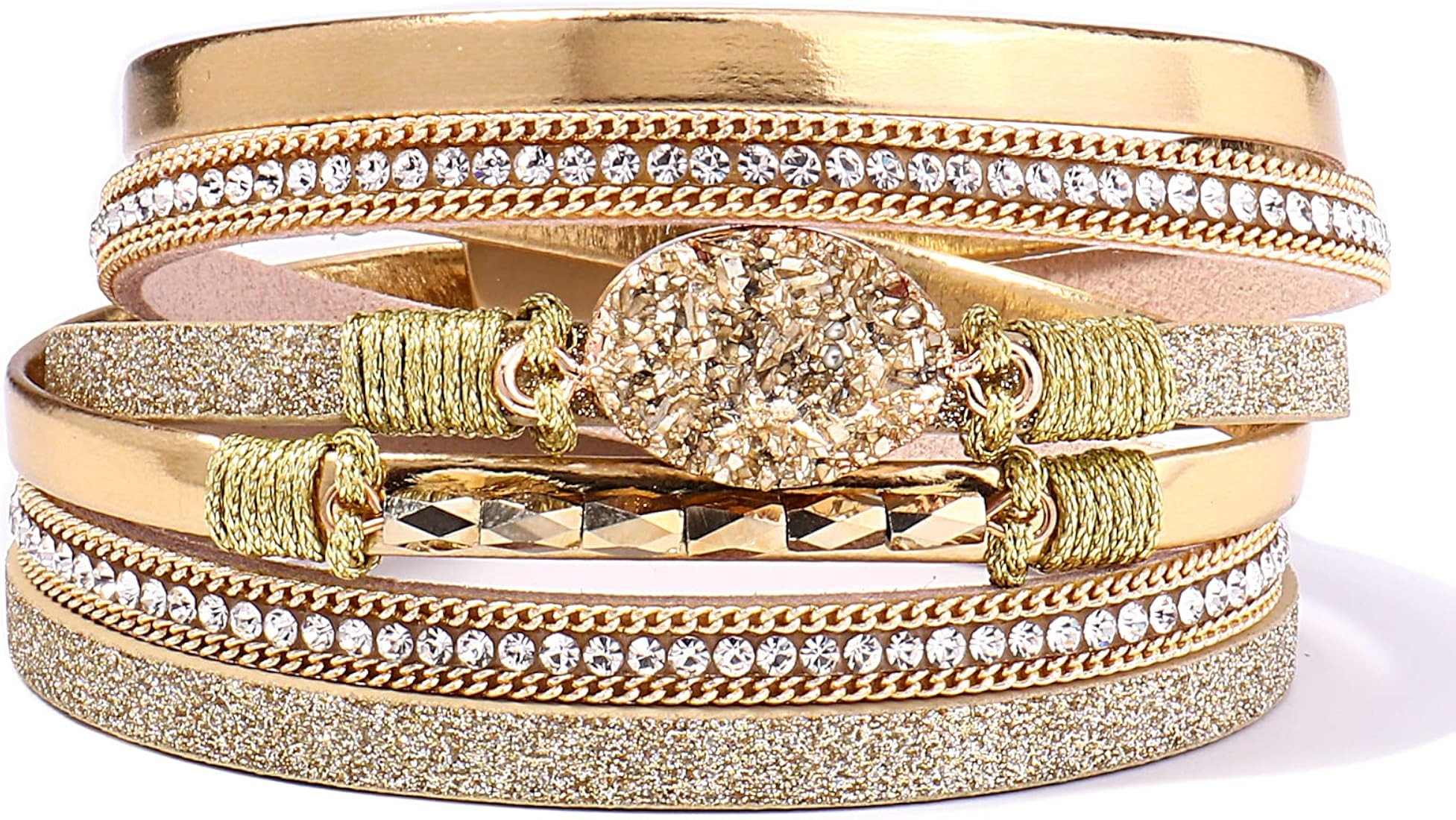 FANCY SHINY Leather Wrap Bracelet Boho Cuff Bracelets Crystal Bead Bracelet with Magnetic Clasp Jewe | Amazon (US)