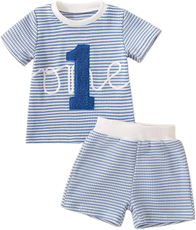 Toddler Baby Boy Birthday Outfit One/Two Letter Embroidery Waffle T-shirt Top Jogger Shorts Summe... | Amazon (US)