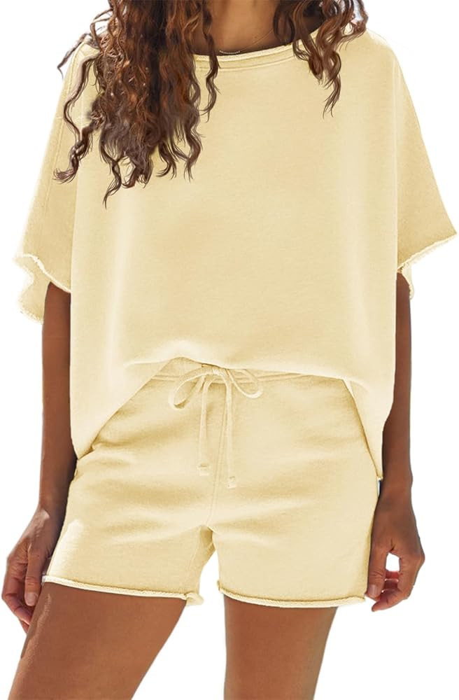 Fisoew Womens Summer 2 Piece Outfits Oversized Casual Short Sleeve Tops and High Waisted Shorts W... | Amazon (US)