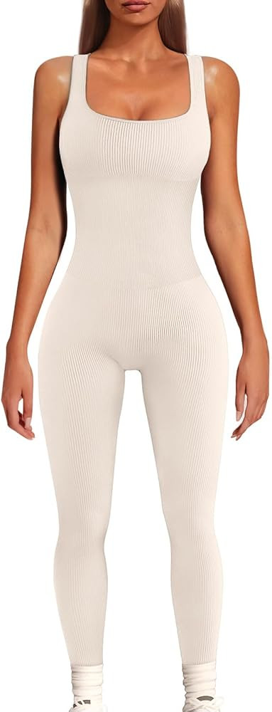 AUTOMET Women's Yoga Ribbed One Piece Tank Tops Rompers Sleeveless Workout Bodysuits Exercise Jum... | Amazon (US)