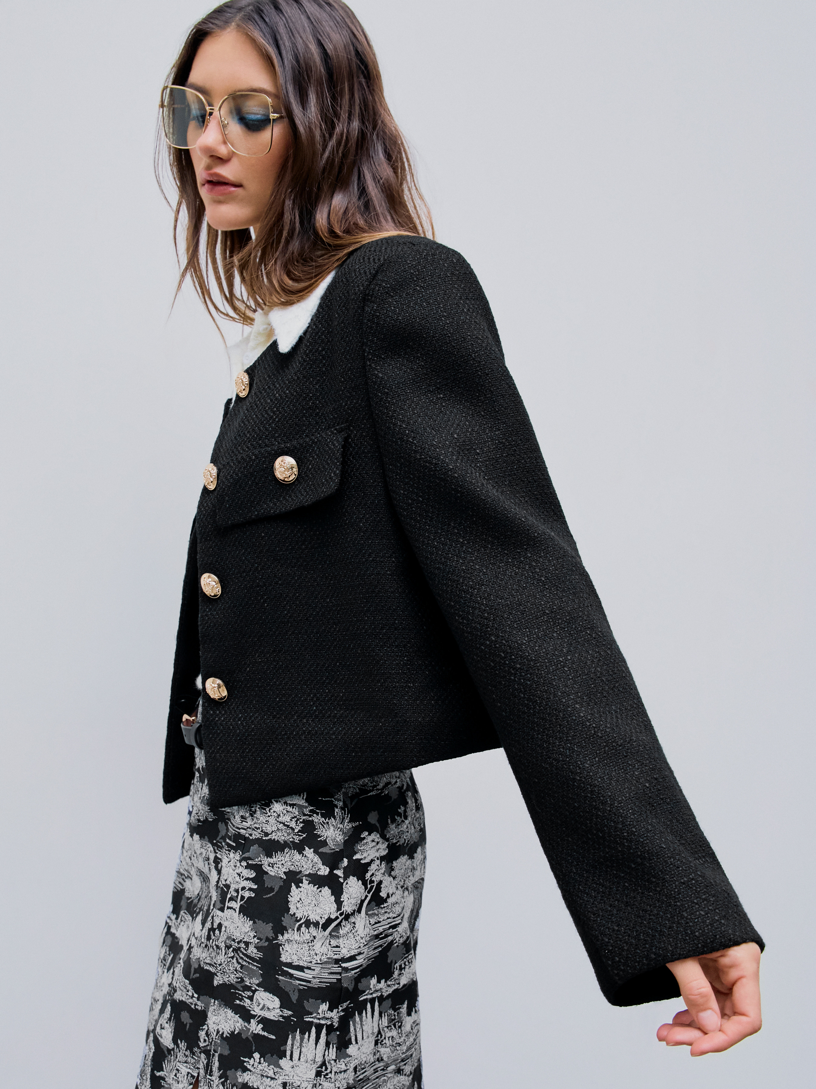 Tweed Tweed Button Crew Neck Crop Jacket For Date Exhibition Coffee Shop Work | Cider