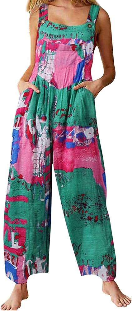 Women Summer Casual Jumpsuit Boho Sleeveless Suspender Overalls Romper Pants with Pockets Bohemian S | Amazon (US)