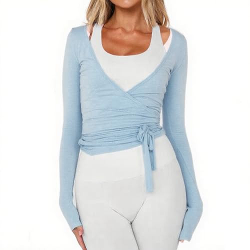 Women Ballet Wrap Top Long Sleeve Self Tie Dance Shirt Pilates Yoga Tops Y2k Workout Active Blouses (US, Alpha, Medium, Regular, Regular, Blue) | Amazon (US)