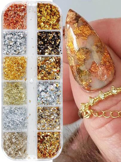 12 Griglie Fogli Dorati e Argentati Glitter Unghie Meravigliosi Paillettes in Alluminio Scaglie P... | SHEIN