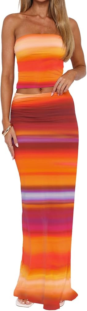 2 Piece Skirt Sets for Women Summer, Floral Sleeveless Tube Top Bodycon Maxi Skirts Y2k Vacation ... | Amazon (US)