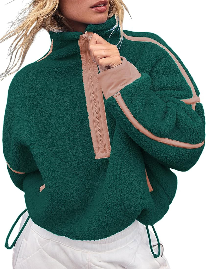 Women's Fleece Sweatshirts Half Zip Pullover Long Sleeve Oversized Workout Crop Tops Hoodie with ... | Amazon (US)