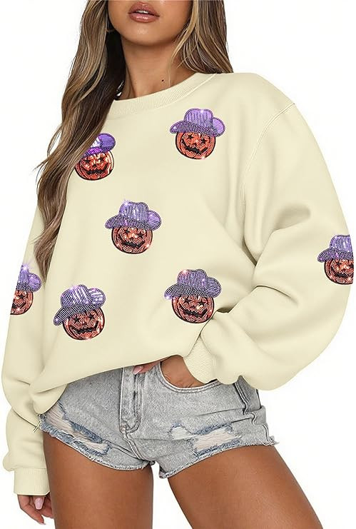 MAXIMGR Halloween Sweatshirts for Women Sequin Ghost Pumpkin Sweatshirt Funny Spooky Season Shirt... | Amazon (US)