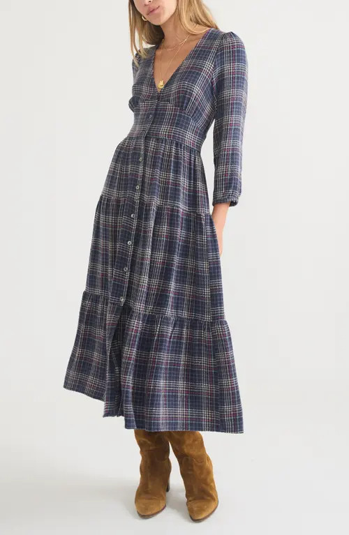 Marine Layer Maeve Plaid Long Sleeve Tiered Maxi Shirtdress in Navy Plaid at Nordstrom, Size Medium | Nordstrom
