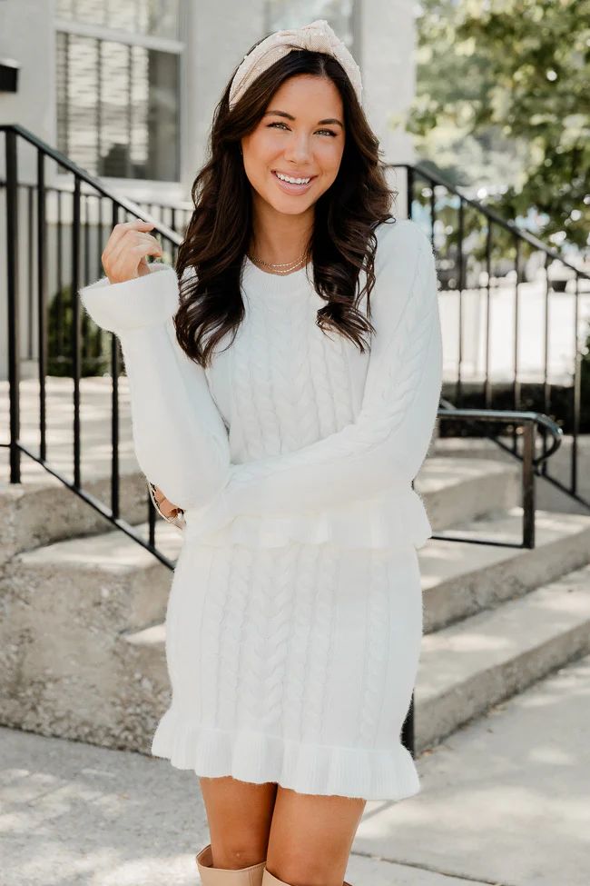 Your Best Bet White Cable Knit Ruffle Trim Cropped Sweater | Pink Lily