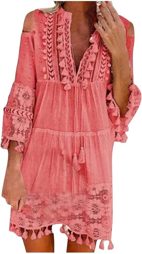 Women's Trending Clothes 2024 Boho Dress Lace Tassel V-Neck Mini Dress 3/4 Sleeve Dress Fringe V ... | Amazon (US)