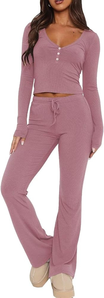 Ezbelle Women's Lounge Sets 2 Piece Outfits Long Sleeve Crop Button Down V Neck Shirt Knit Pajama... | Amazon (US)