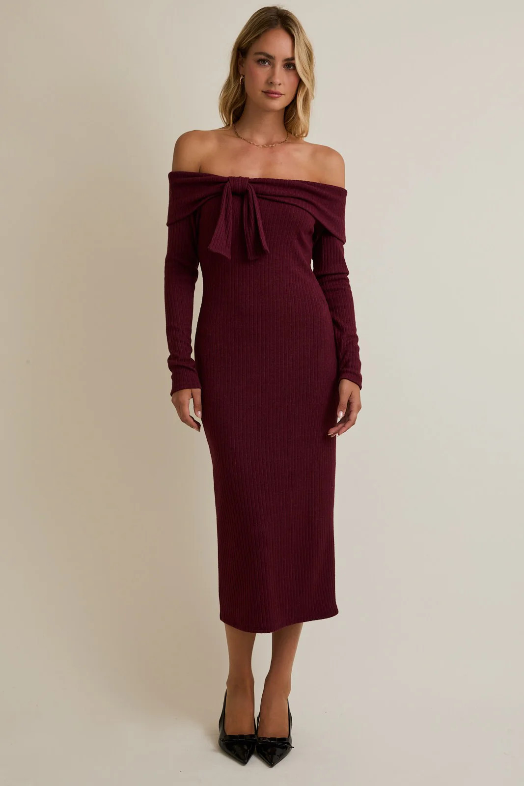 Burgundy Knit Off Shoulder Bow Detail Midi Dress | PinkBlush Maternity