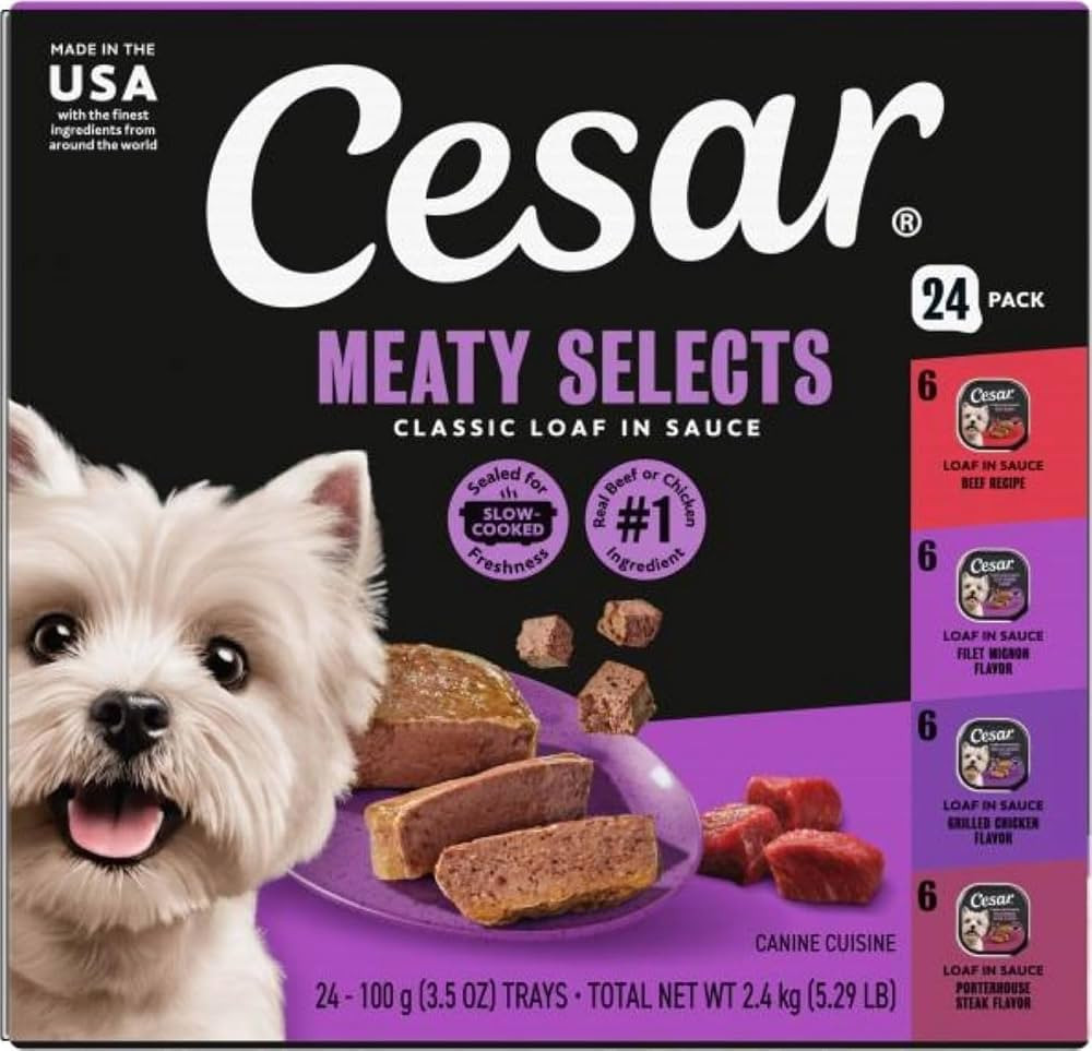 Cesar Classic Loaf in Sauce Wet Dog Food, Meaty Selects, 3.5 oz, 24 Count | Amazon (US)