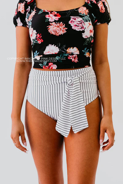 HIGH WAIST TIE FRONT SWIM BOTTOMS IN BONJOUR STRIPE BY PINK DESERT | Pink Desert