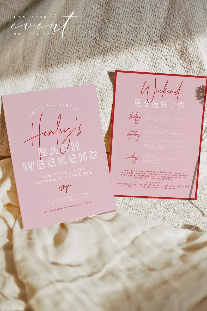 HENLEY Bachelorette Invitation & Itinerary Template | Modern Pink and Red Bachelorette Weekend In... | Etsy (US)