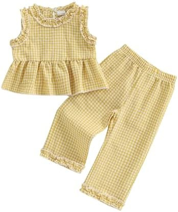 Kupretty Toddler Girl Clothes Baby Summer Outfits Gingham Ruffle Sleeveless Vest Shirt Tank Tops ... | Amazon (US)