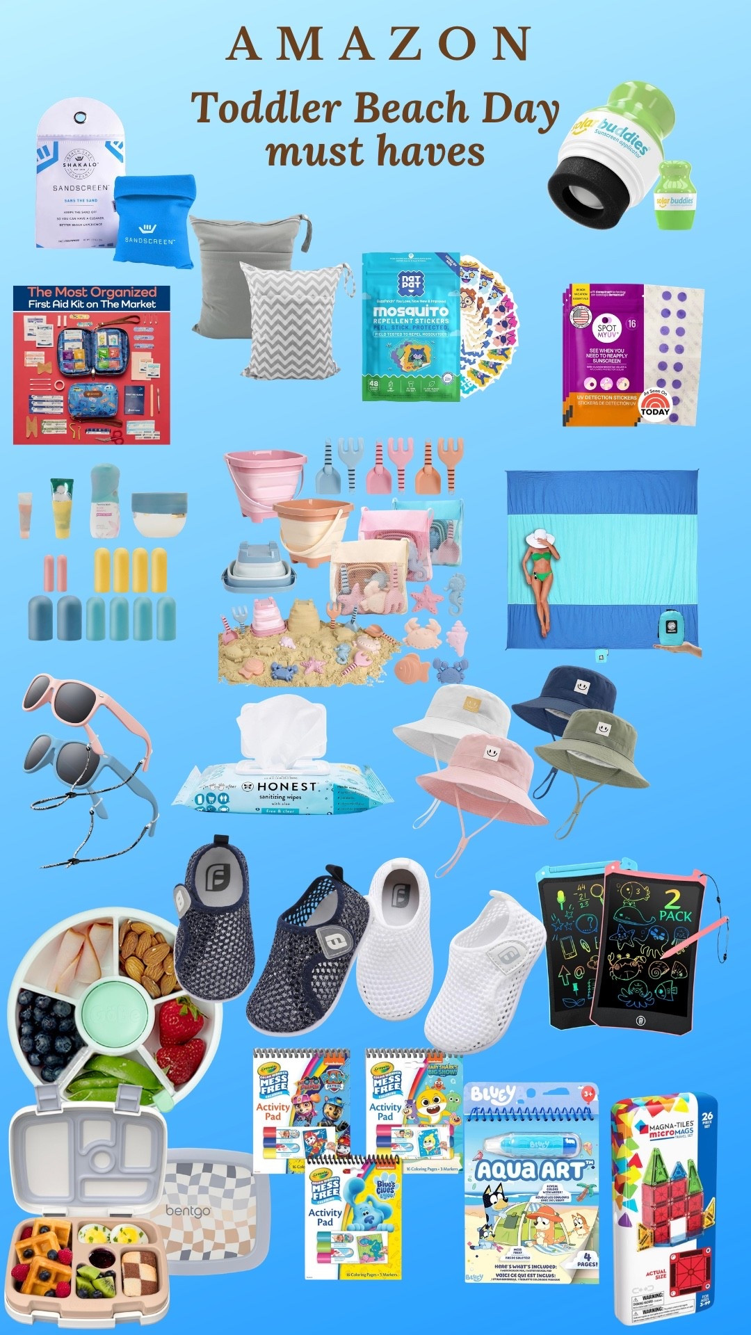 Toddler beach day just got so much easier. These are the Amazon finds I wish I had sooner — from sandscreen that repels sand before it sticks, UV detection stickers so you know exactly when to reapply sunscreen, and mosquito repellent stickers that are safe for little ones. The collapsible sand toy set packs flat, the beach blanket stakes into the ground, and the water shoes slip on without a fight. Honest sanitizing wipes, a snack wheel, and the Bentgo lunchbox keep food simple and mess contained. Grab the LCD drawing tablets and Crayola Mess Free pads for the ride home.

#toddlerbeachday #toddlermom #beachessentials #amazonkids #amazonfinds #toddlerlife #summerwithtods #ltkkids #ltkfamily #ltkswim #toddlersummer #amazontoddler #whatsinmybeachbag #momlife #toddlerboy #toddlergirl

#LTKmomlife #LTKKids #LTKBaby