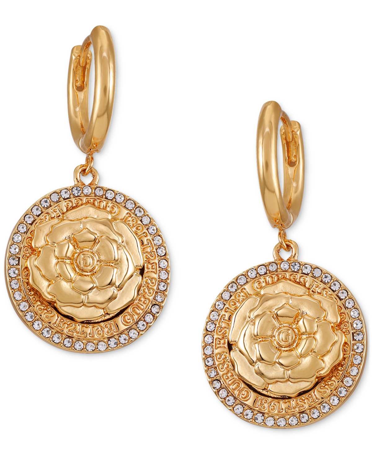 Guess Gold-Tone Pave-Edged Flower Charm Hoop Earrings - Gold | Macy's