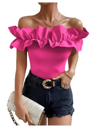 OYOANGLE Women's Ruffle Trim Off Shoulder Short Sleeve Blouse Tops Shirt | Amazon (US)