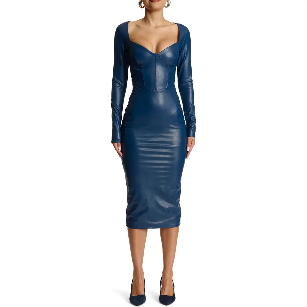 Naked Wardrobe Down to the Corset Long Sleeve Faux Leather Dress in Navy at Nordstrom Rack, Size Large | Nordstrom Rack
