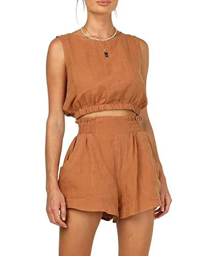 Trendy Queen Beach Vacation Clothes for Women 2 Piece Summer Outfits Two Piece Sets Matching Sleeveless Tank Top High Waisted Shorts with Pockets Lightbrown L | Amazon (US)
