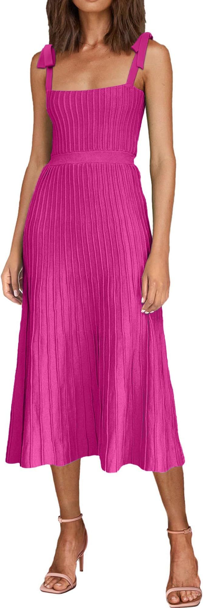 Women's 2024 Summer Maxi Dresses Tie Spaghetti Strap Square Neck Ribbed Knit Dress | Amazon (US)