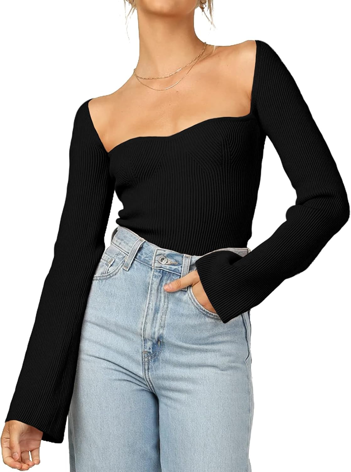 Womens Sweater Tops Sweetheart Neck Ribbed Bustier Corset Knit Long Sleeve Pullover Sweater Top | Amazon (US)