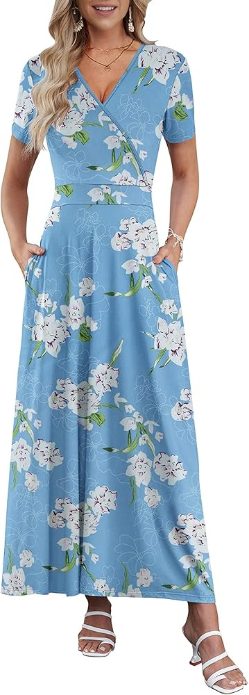 AUSELILY Women's Summer Maxi Dress Short Sleeve Floral Print Bohemian V Neck with Pockets | Amazon (US)