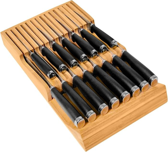 Flareware Bamboo Knife Drawer Organizer, 15-Slot In-drawer Knife Holder | Amazon (US)