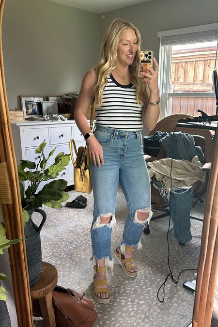 Spring and Summer casual outfit perfect for you next party of bbq ☀️🕶️

Wearing M in the striped tank. Jeans are from shoplaceandsage.com

#LTKfindsunder50 #LTKSeasonal #LTKshoecrush
