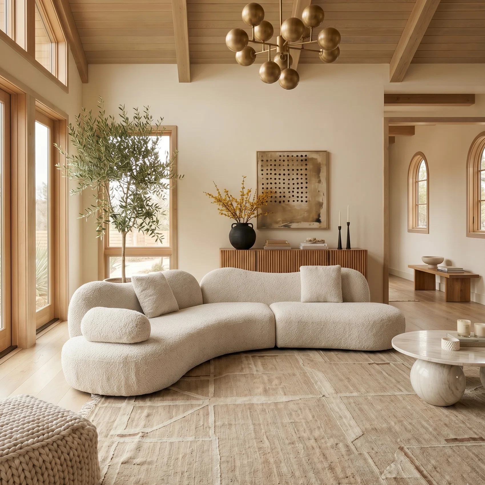 128” Modern Curved Sofa Couch,5-Seater Oversized Modular Sectional Couch Upholstery Boucle Sofas with Pillows | Wayfair North America